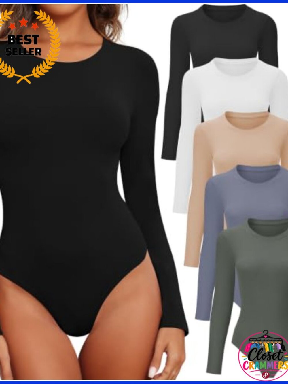 Long Sleeve Bodysuit Womens Round Neck Snap Crotch Rayon Spandex Stretch
